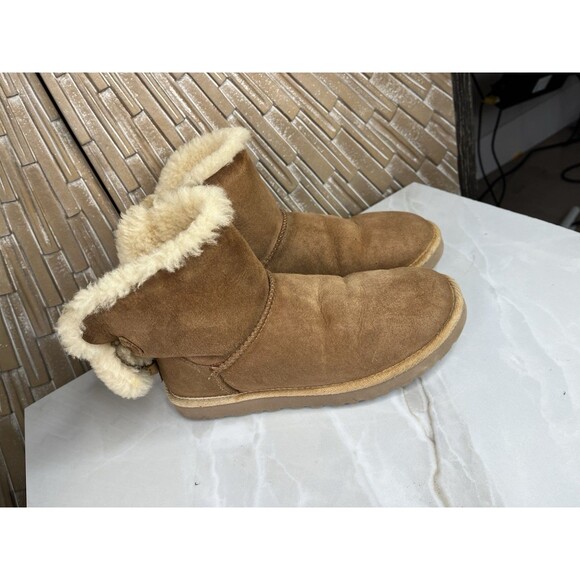 UGG Selene 1006493 Suede Leather Sheepskin Wool Fur Chestnut Sz 9 Short Boots - Picture 3 of 9